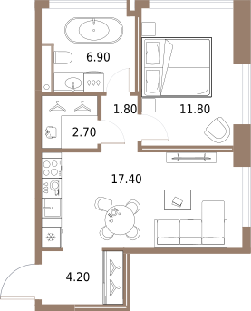 1-комнатная 44 м2 в ЖК Северный порт. Береговые кварталы корпус null этаж 2