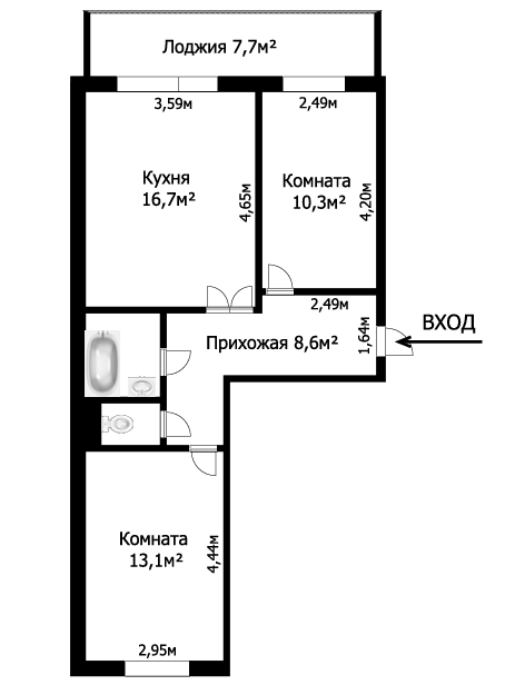 2-комнатная 52.4 м2 в ЖК undefined корпус null этаж 2