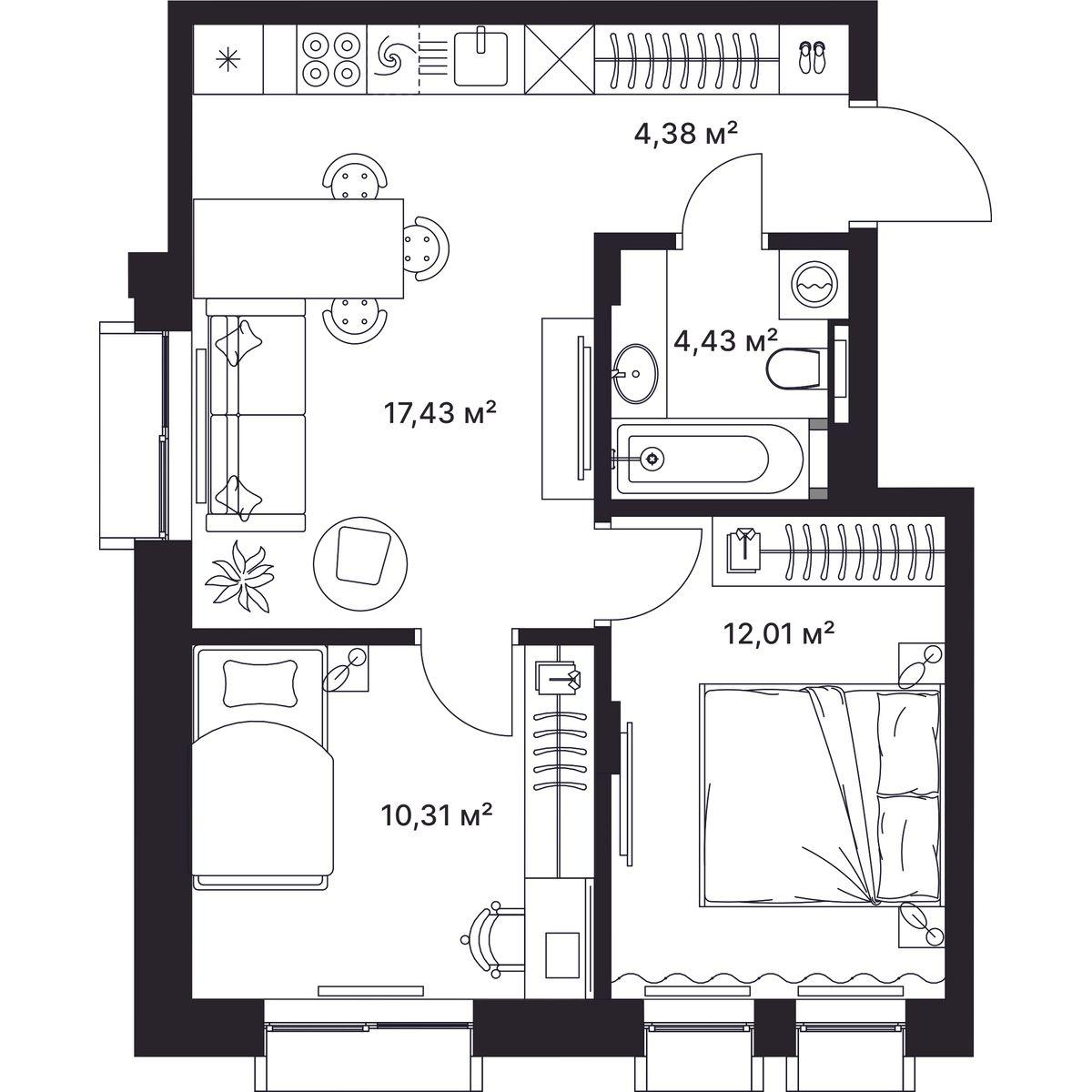 2-комнатная 48 м2 в ЖК Гагарин корпус null этаж 3