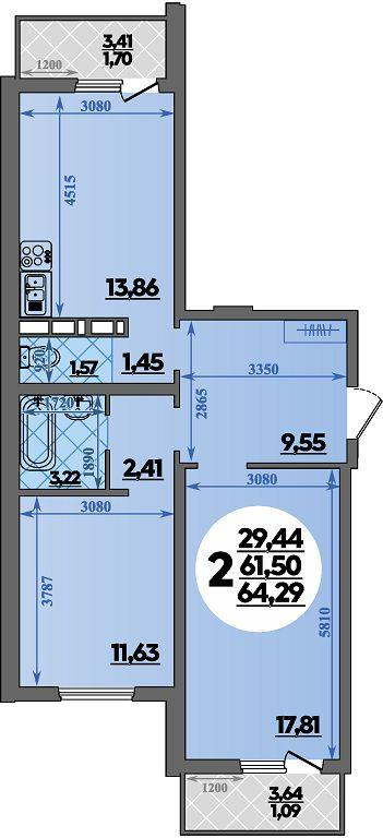 2-комнатная 64 м2 в ЖК Платовский корпус null этаж 4