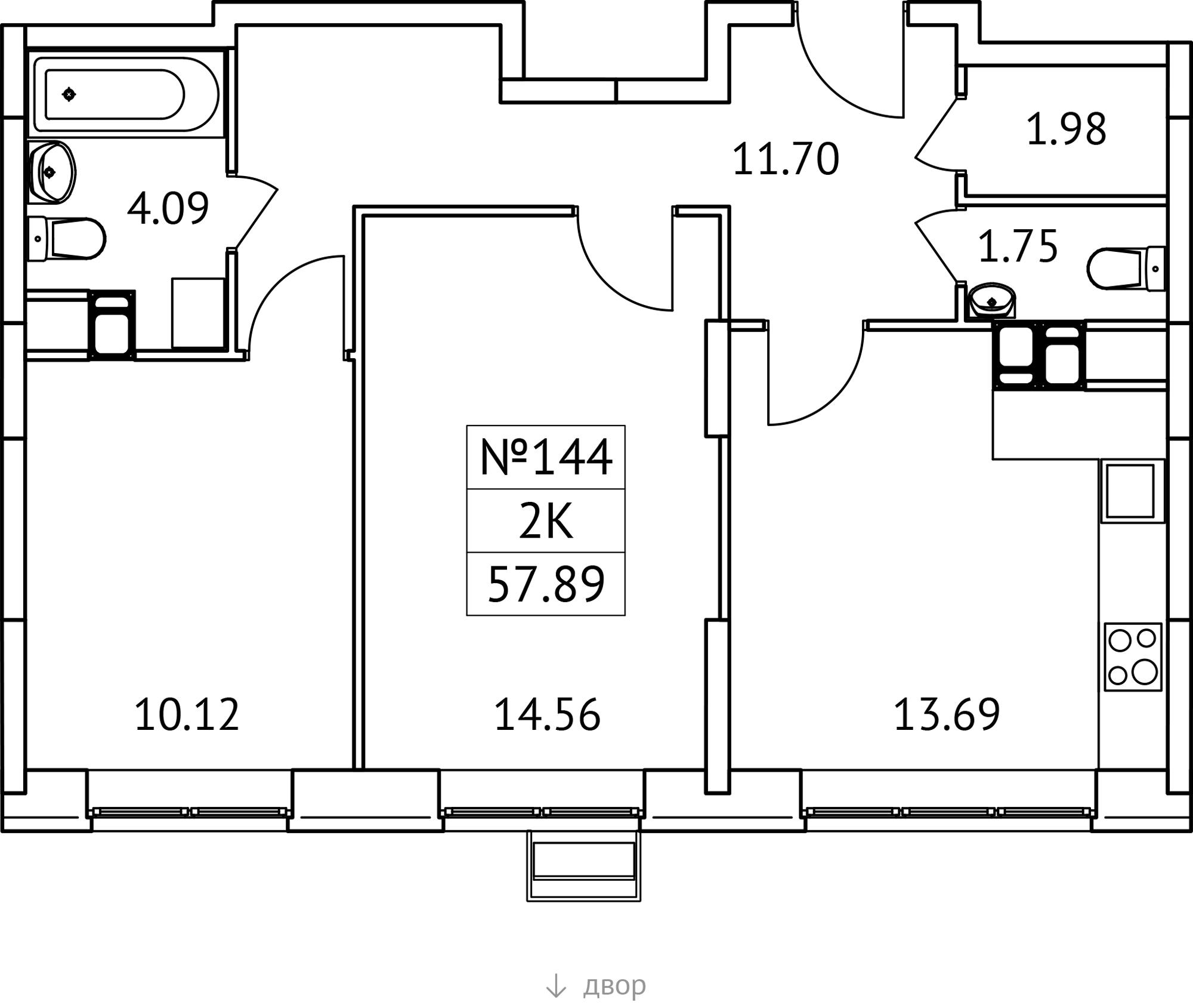 2-комнатная 57 м2 в ЖК Новотомилино корпус null этаж 6