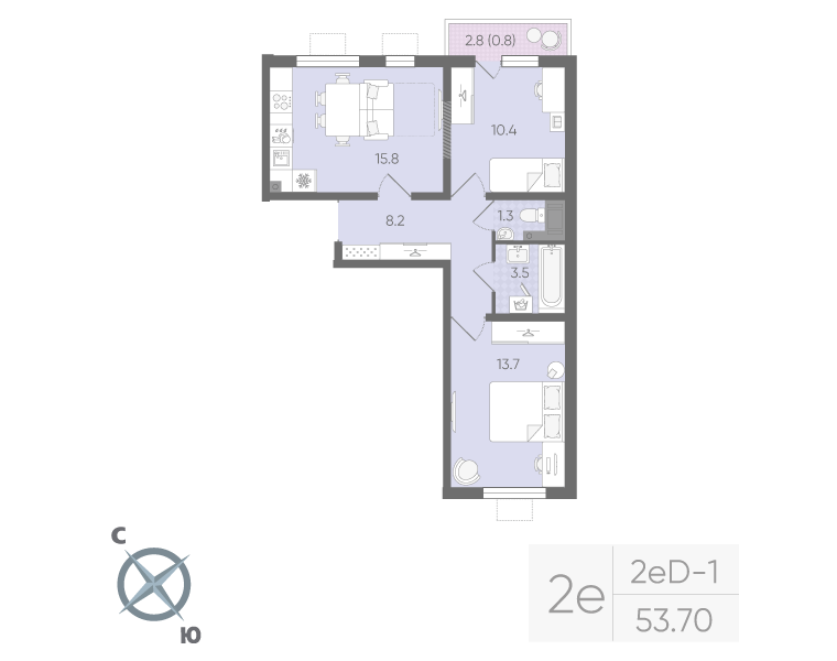 2-комнатная 53 м2 в ЖК Ручьи (2 оч.) корпус null этаж 13