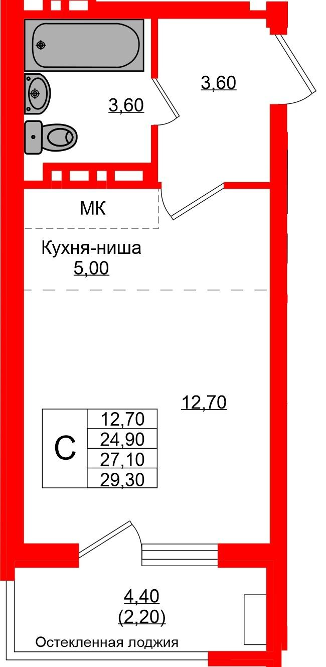 Студия 27 м2 в ЖК Кроны и Волны корпус null этаж 1