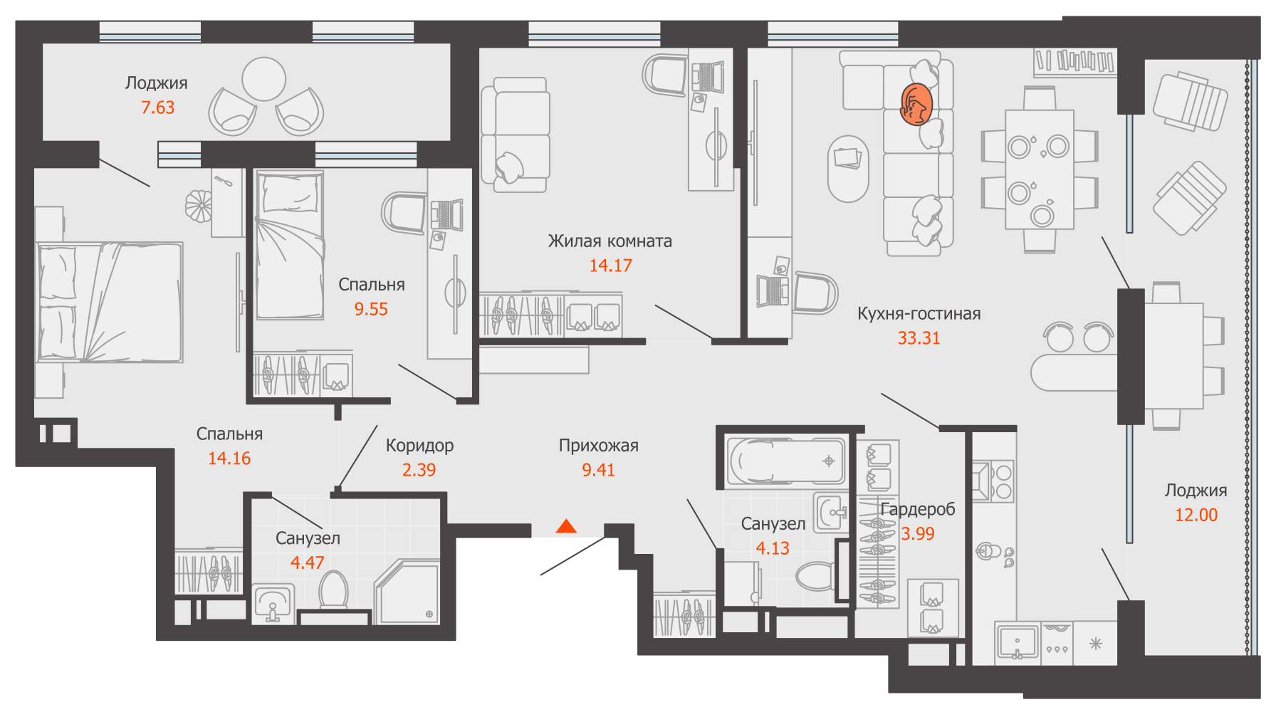 4-комнатная 105 м2 в ЖК Камаполис корпус null этаж 9