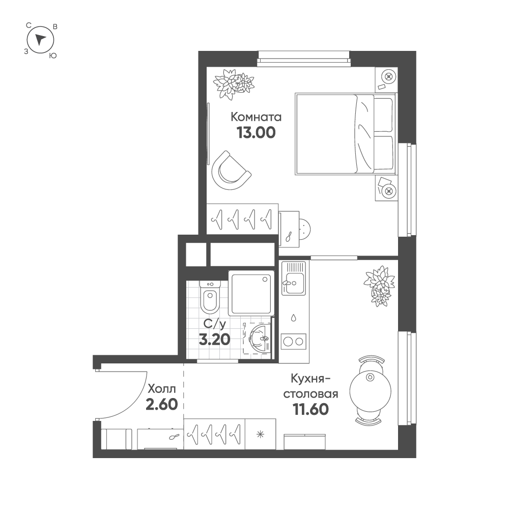 1-комнатная 30 м2 в ЖК АВЕНЮ-АПАРТ ПУЛКОВО корпус null этаж 14