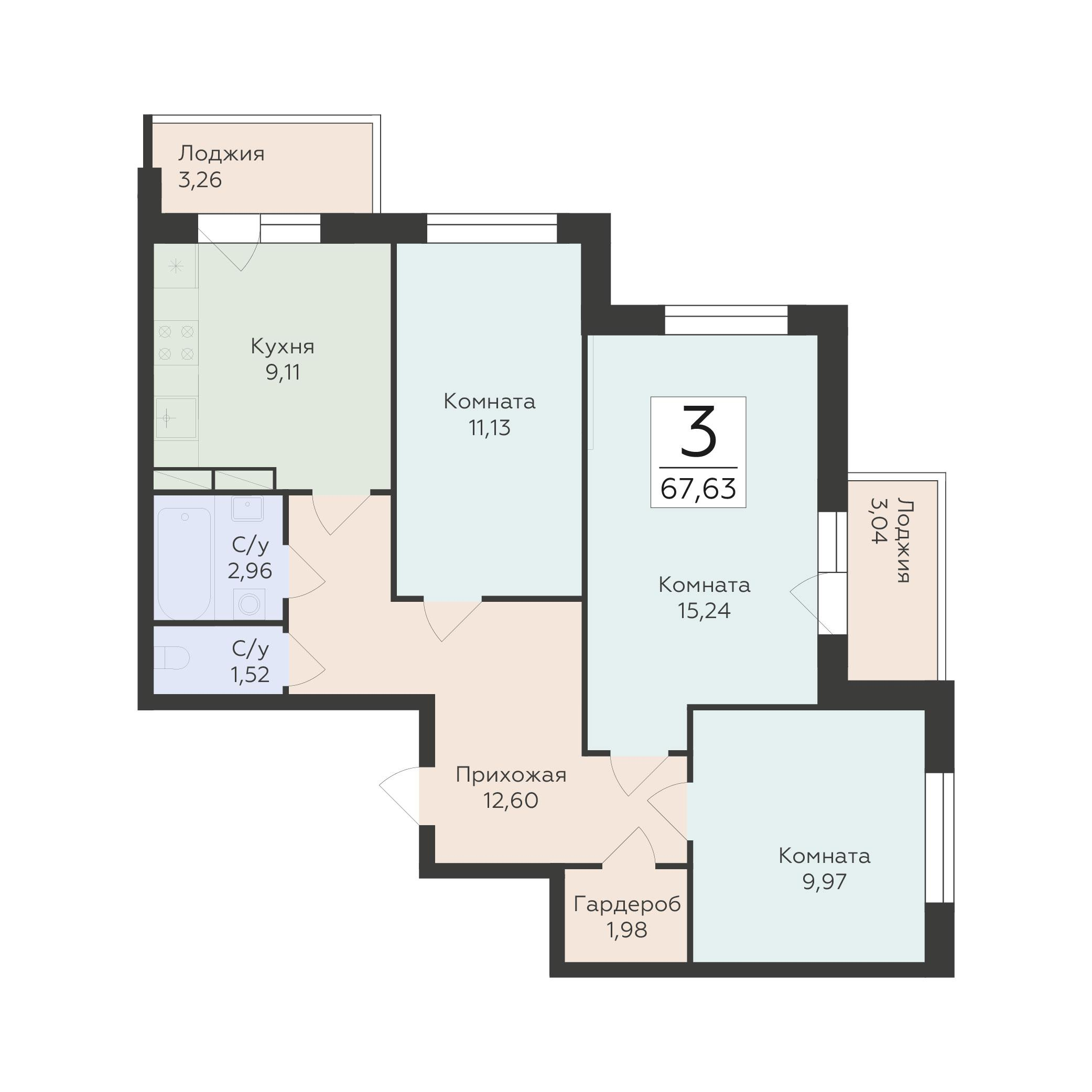 3-комнатная 67 м2 в ЖК Авиапарк корпус null этаж 13