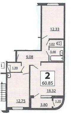 2-комнатная 60.9 м2 в ЖК undefined корпус null этаж 16