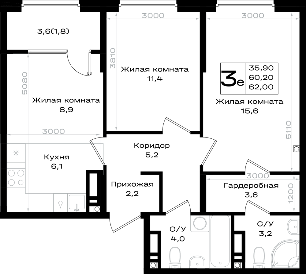 3-комнатная 62 м2 в ЖК Придонье корпус null этаж 8