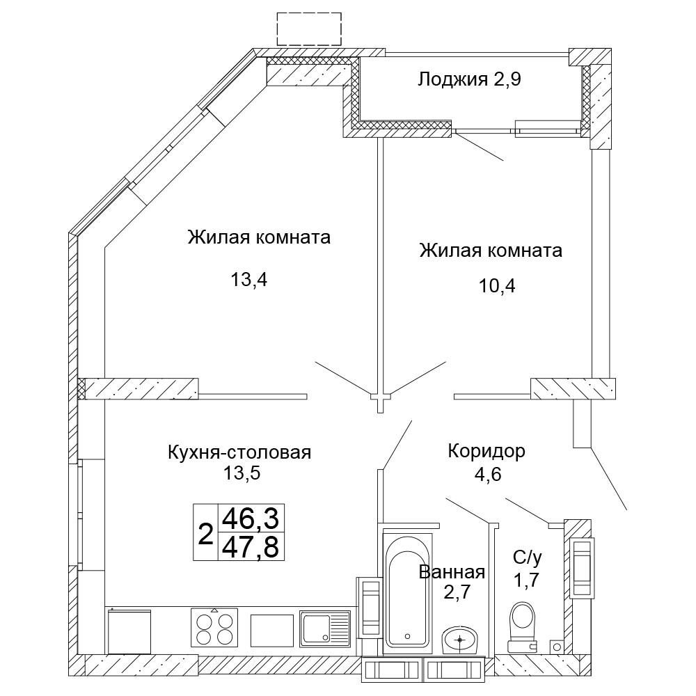 2-комнатная 47 м2 в ЖК Колизей корпус null этаж 13