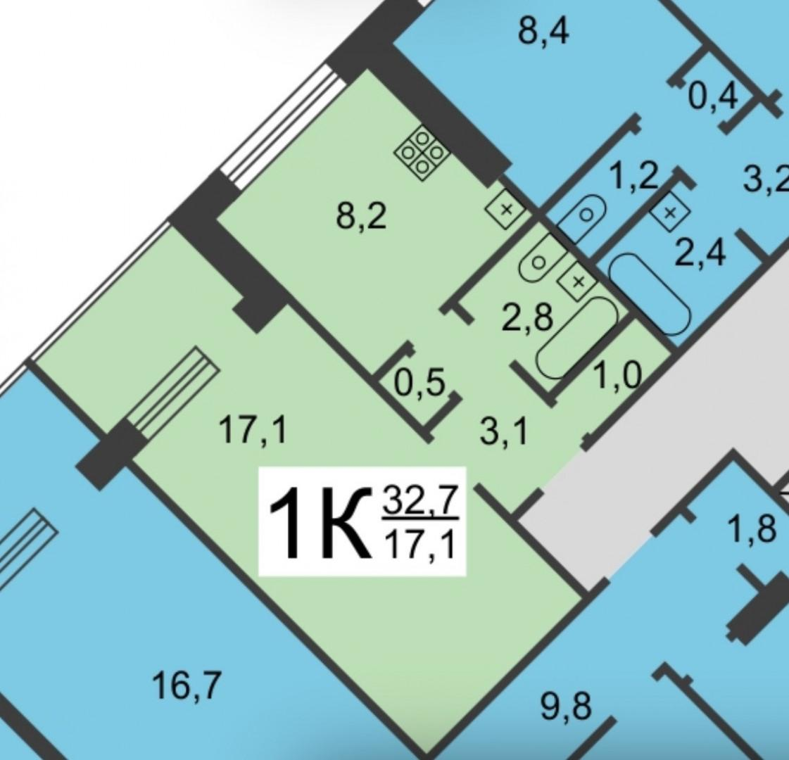 1-комнатная 33 м2 в ЖК undefined корпус null этаж 9