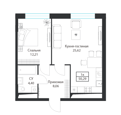 1-комнатная 50 м2 в ЖК ДИУС корпус null этаж 20