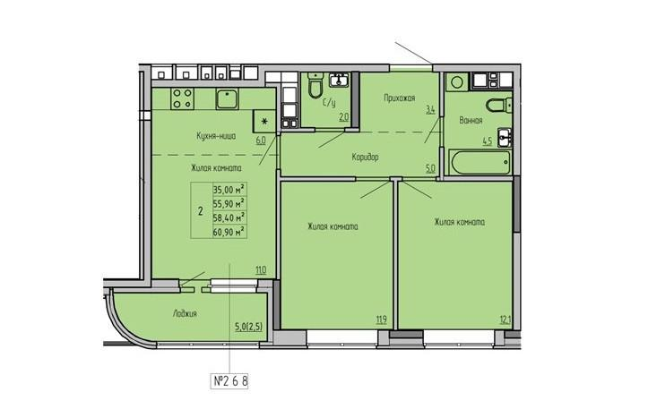3-комнатная 59 м2 в ЖК undefined корпус null этаж 6