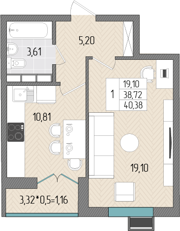 1-комнатная 40 м2 в ЖК Сады у моря корпус null этаж 6