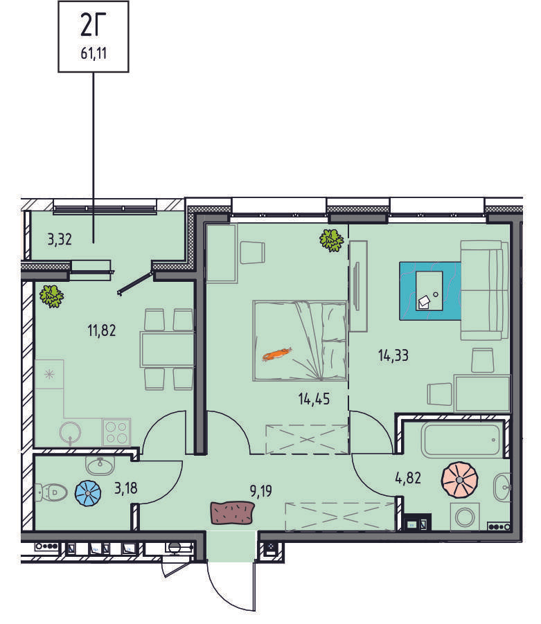 2-комнатная 61 м2 в ЖК Лотос корпус null этаж 3