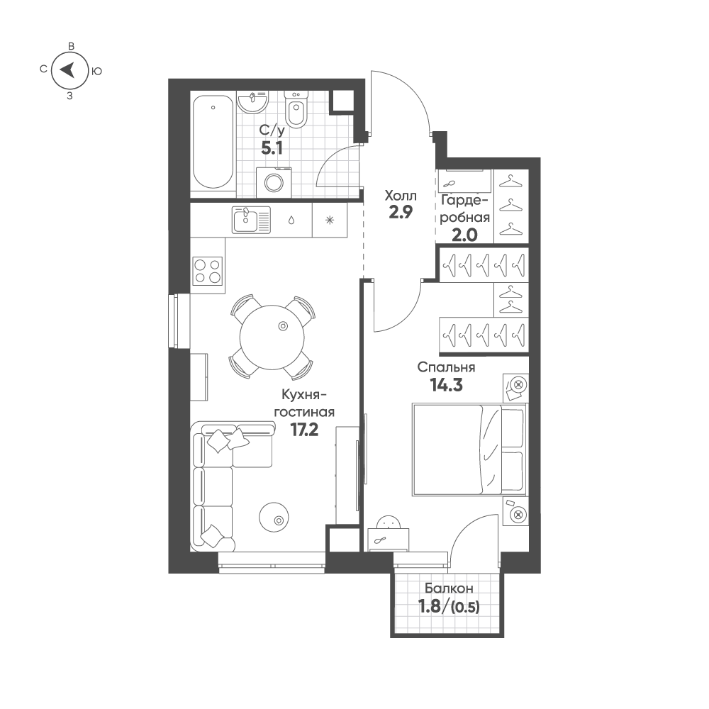 1-комнатная 42 м2 в ЖК Sokolinn Park корпус null этаж 5