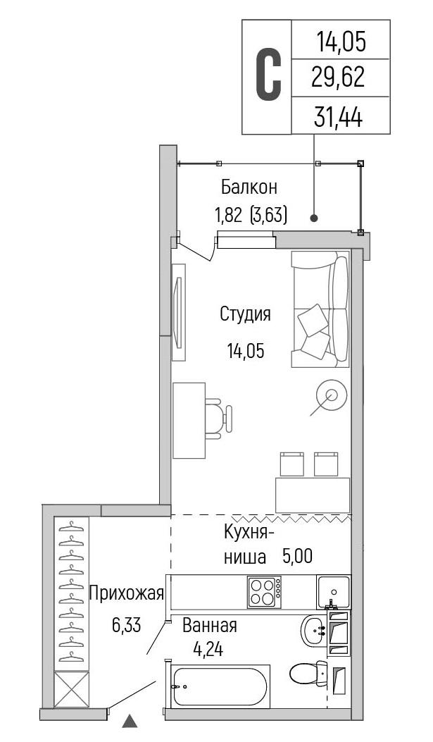 Студия 31 м2 в ЖК Riga Hills корпус null этаж 4