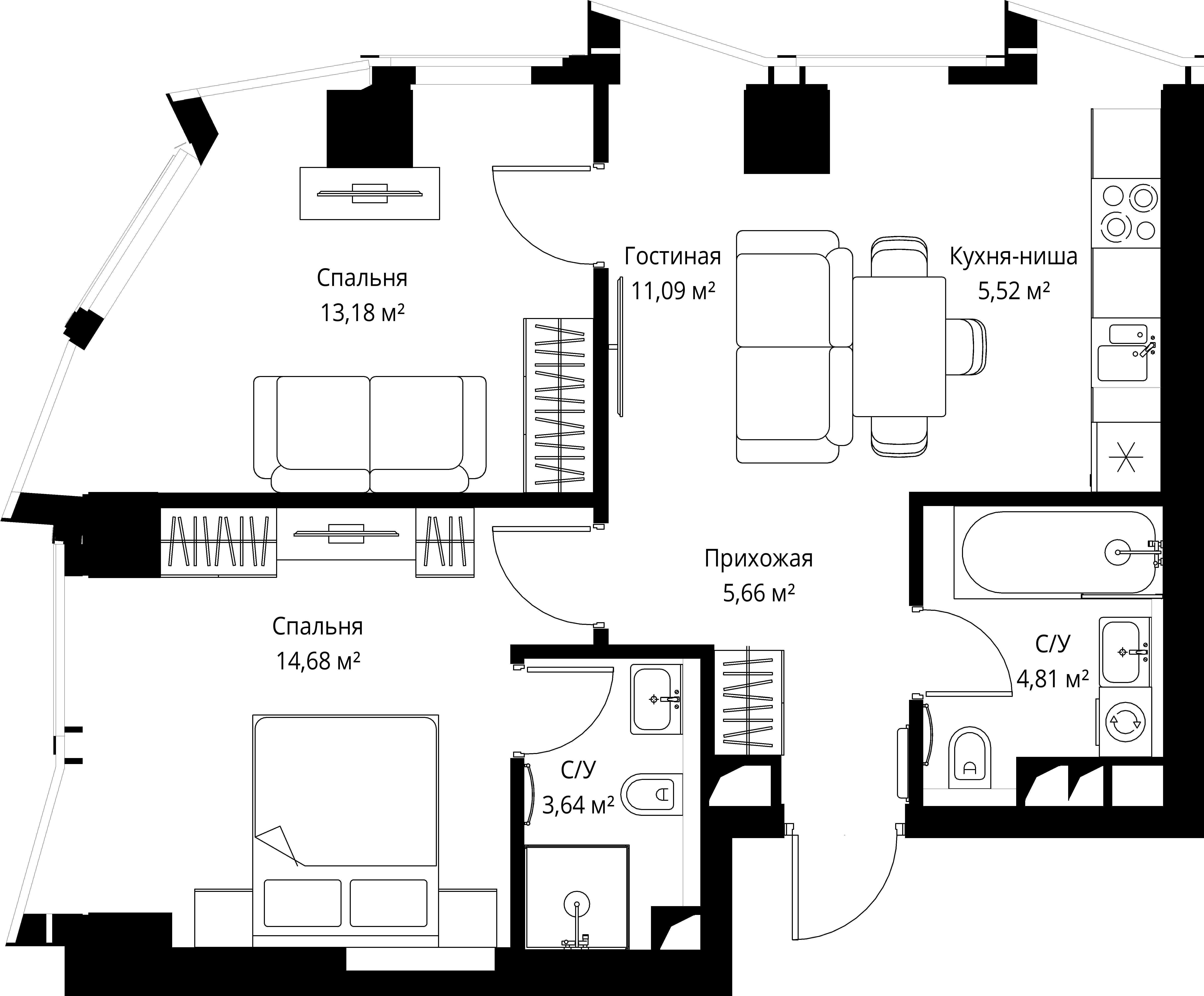 2-комнатная 58 м2 в ЖК Famous корпус null этаж 2