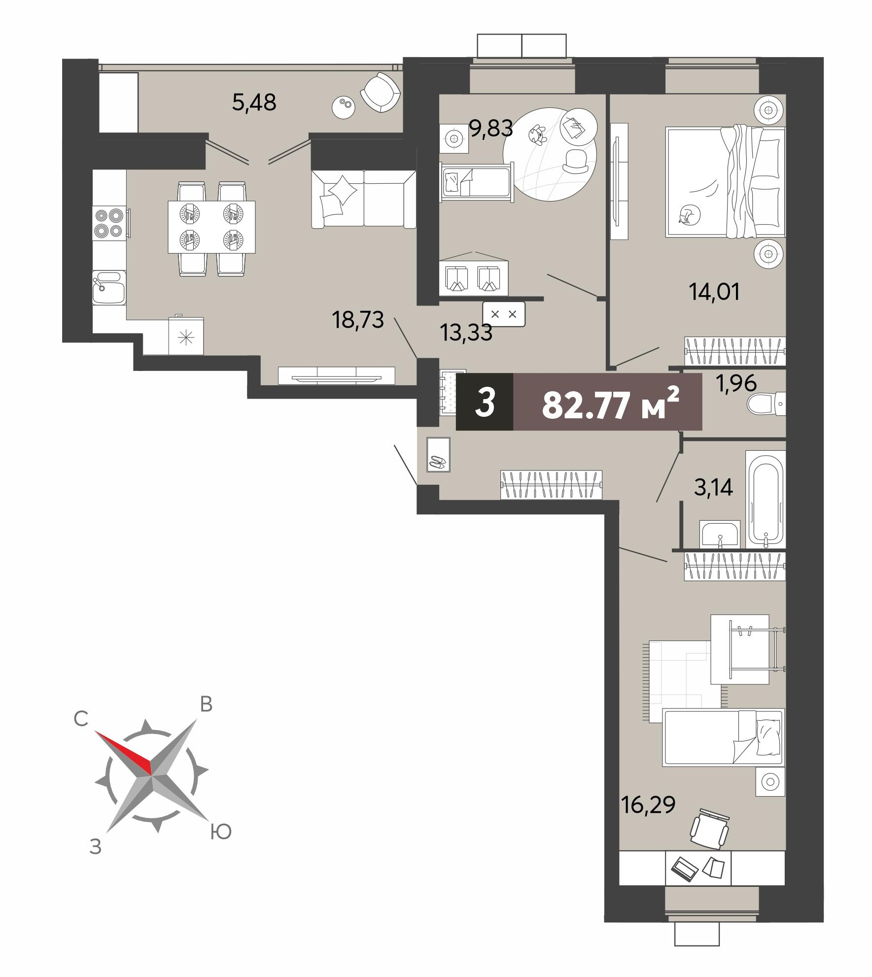 3-комнатная 82 м2 в ЖК 8 марта корпус null этаж 16