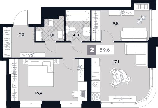 2-комнатная 59 м2 в ЖК Юту корпус null этаж 5