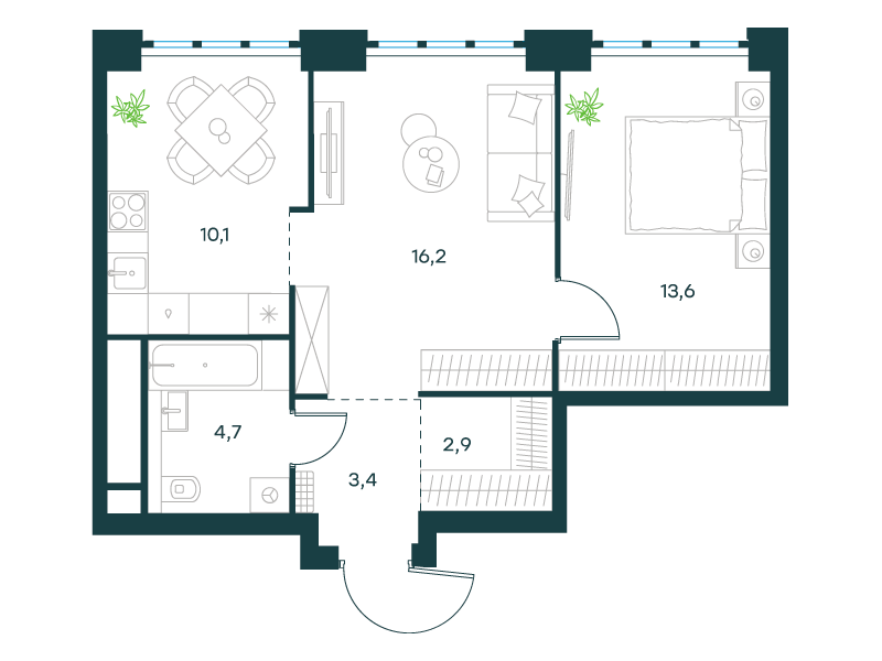 2-комнатная 50 м2 в ЖК Левел Южнопортовая корпус null этаж 24