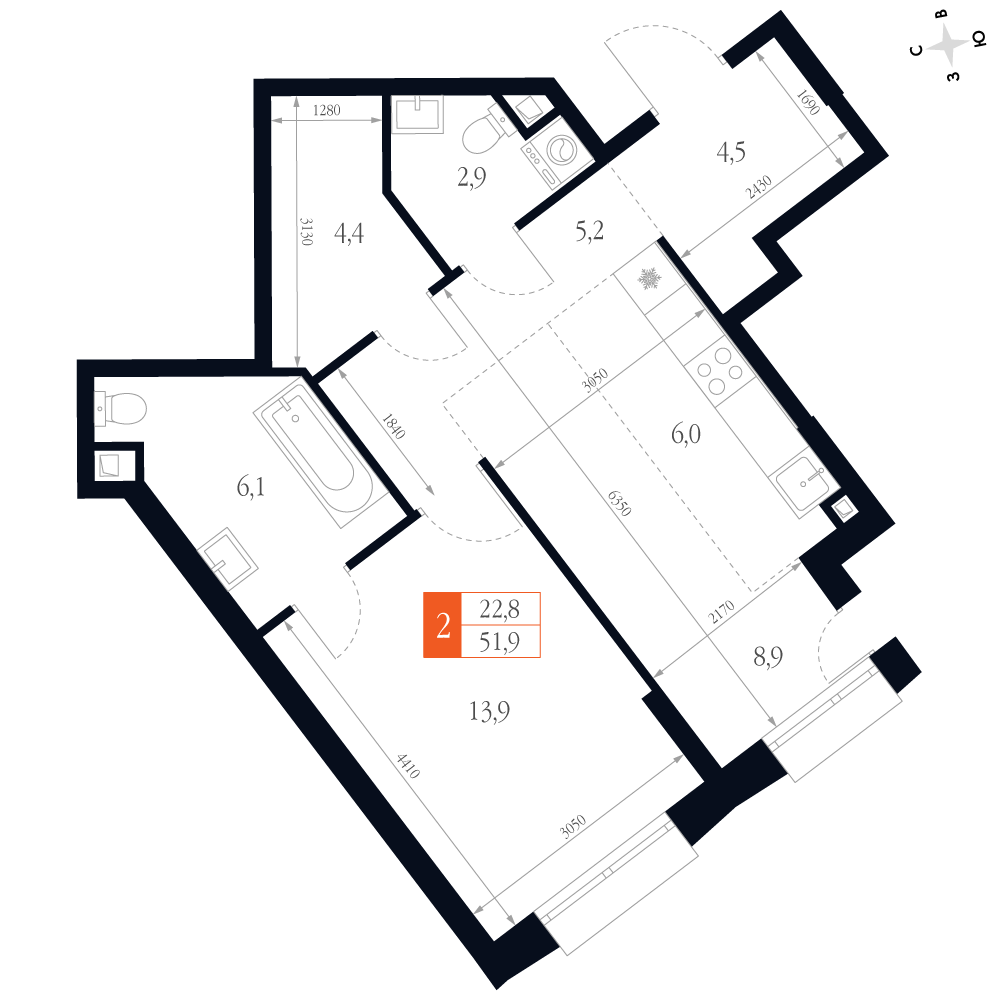 2-комнатная 51 м2 в ЖК Фордевинд корпус null этаж 1