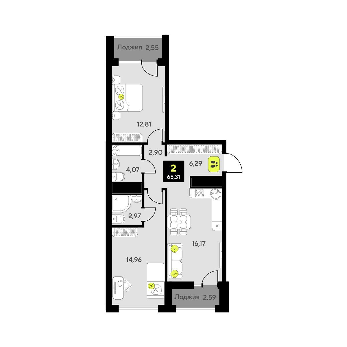 2-комнатная 65 м2 в ЖК Мотивы корпус null этаж 14