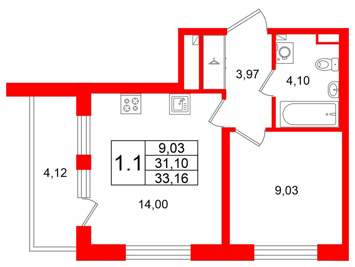 1-комнатная 31 м2 в ЖК Univer City корпус null этаж 2