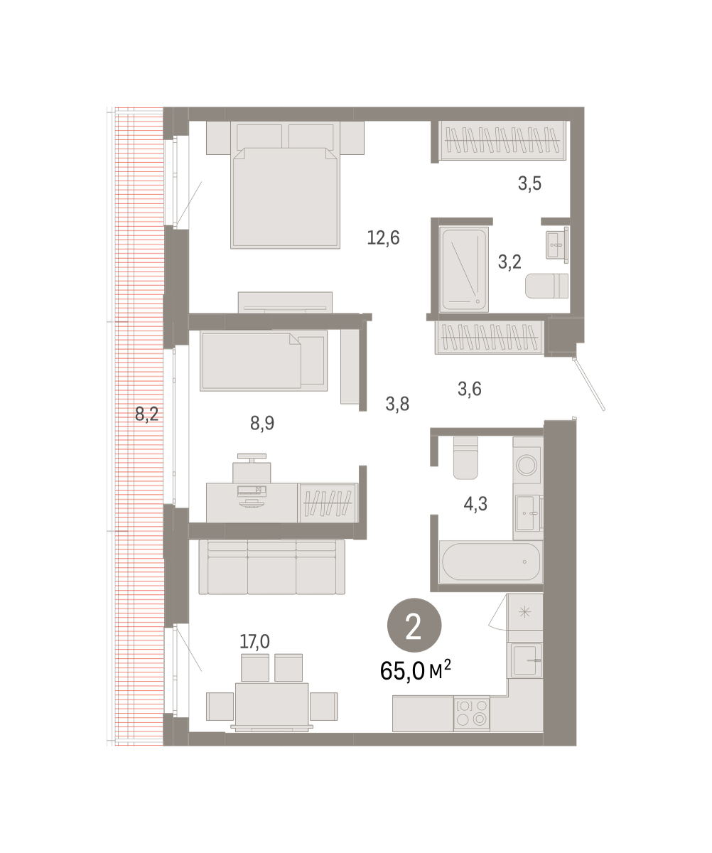 2-комнатная 65 м2 в ЖК Республики 205 корпус null этаж 11