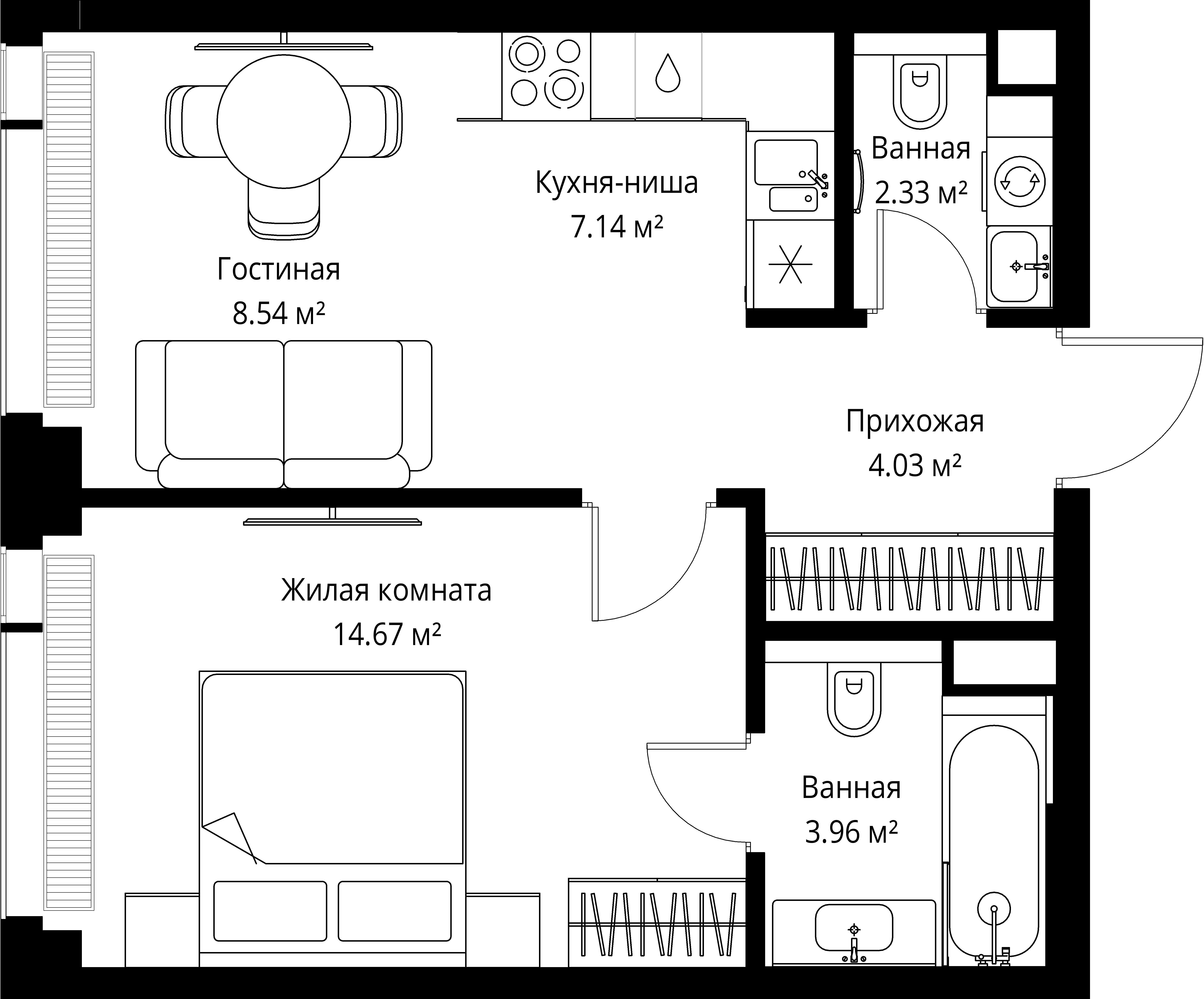 1-комнатная 40 м2 в ЖК ВЕЕР корпус null этаж 38