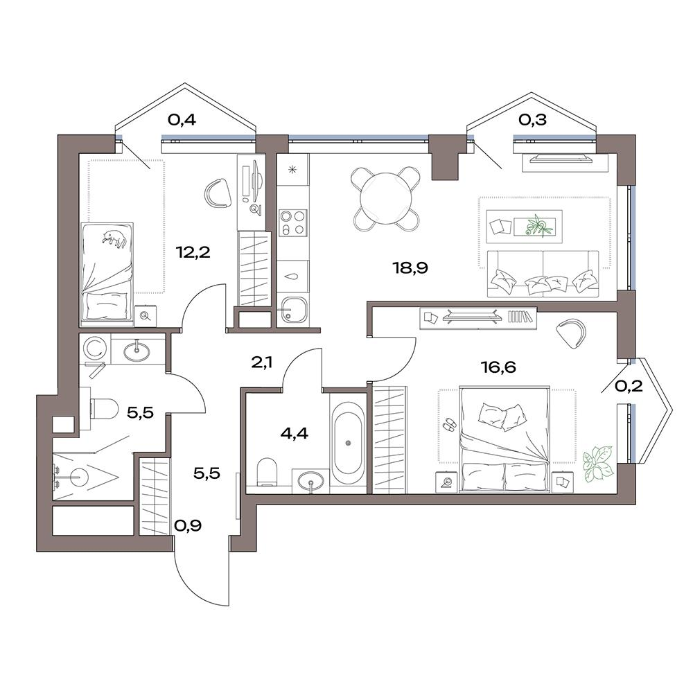 3-комнатная 67 м2 в ЖК Акценты корпус null этаж 5