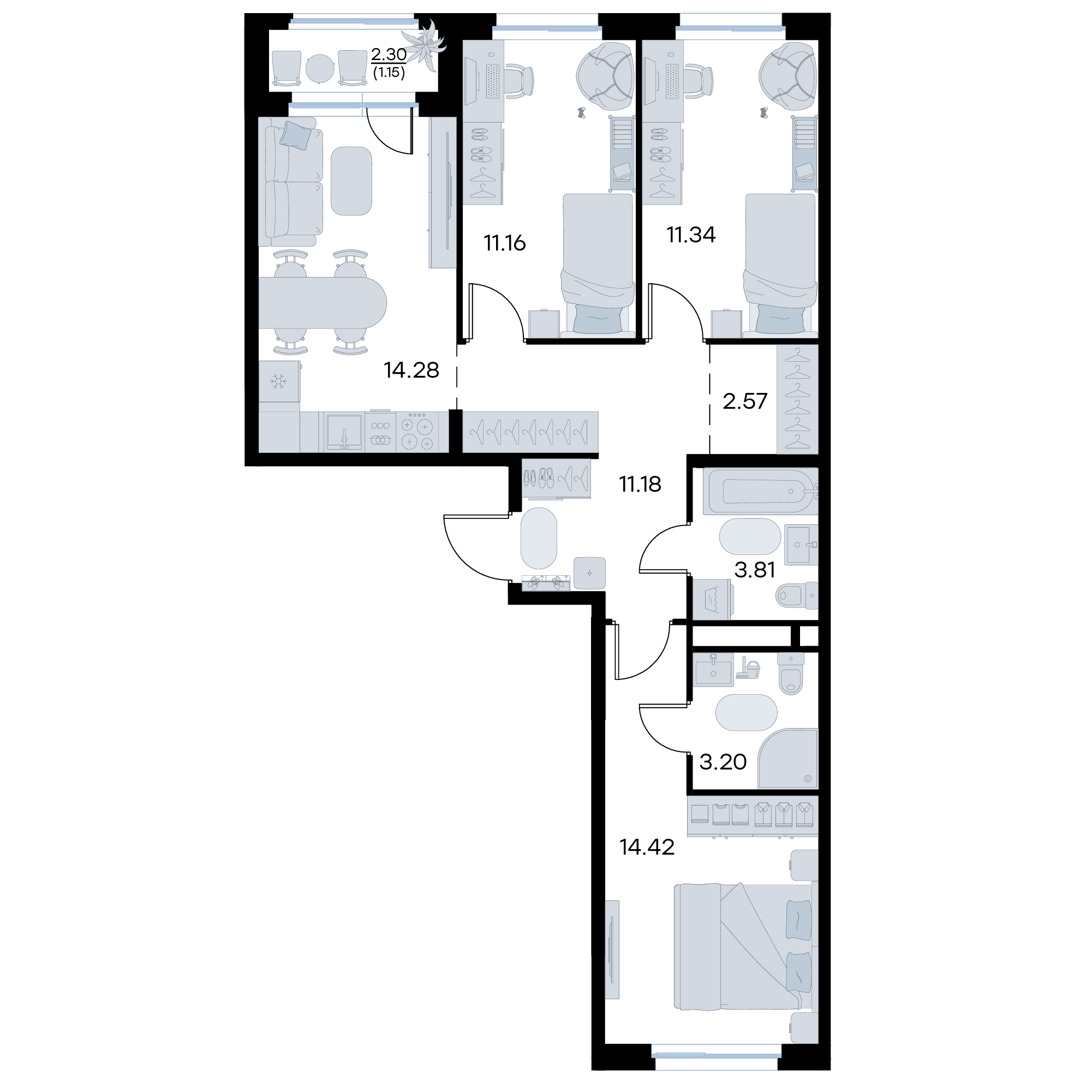 3-комнатная 73 м2 в ЖК GloraX Октябрьский корпус null этаж 5