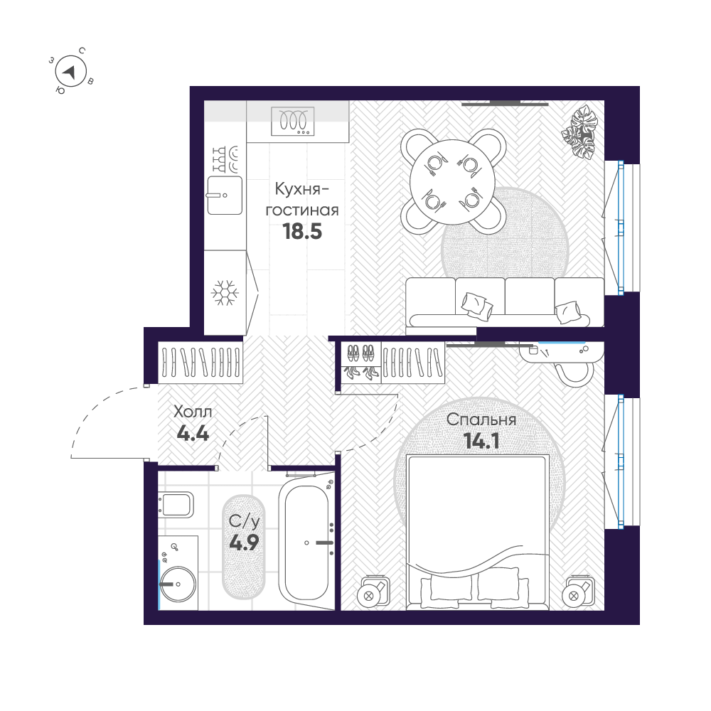 1-комнатная 41 м2 в ЖК ЛДМ корпус null этаж 2