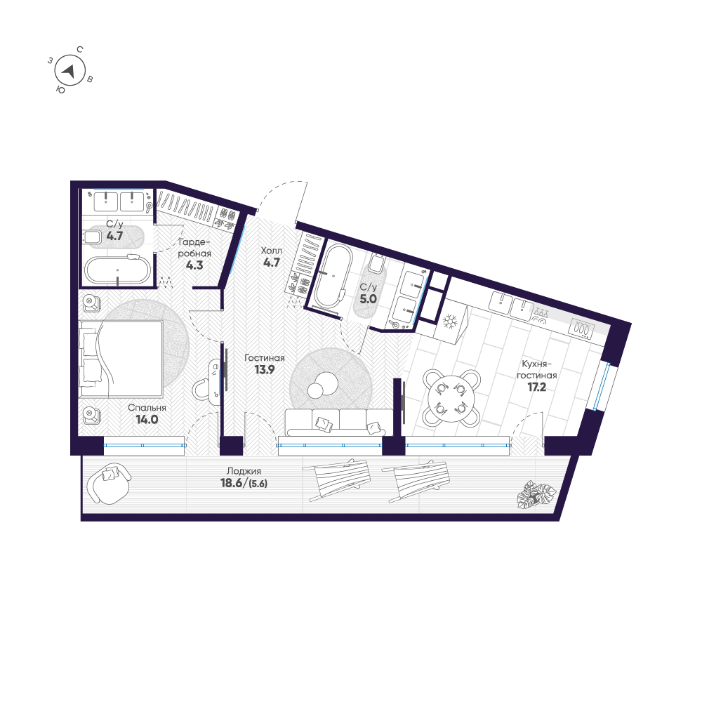 2-комнатная 69 м2 в ЖК ЛДМ корпус null этаж 9