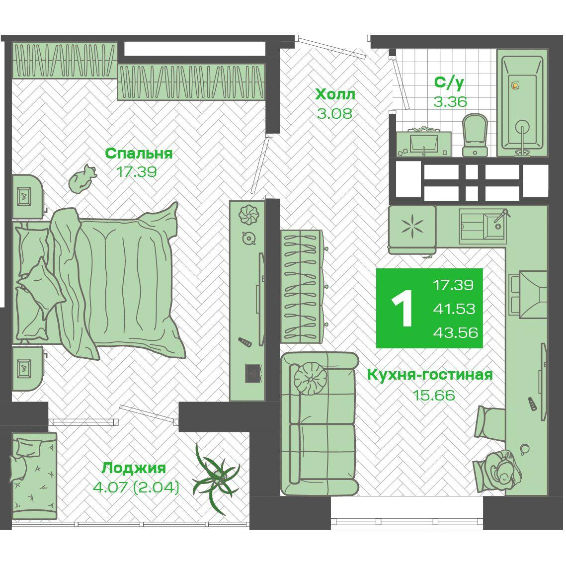 1-комнатная 41 м2 в ЖК Зелёный Бульвар 2 корпус null этаж 11