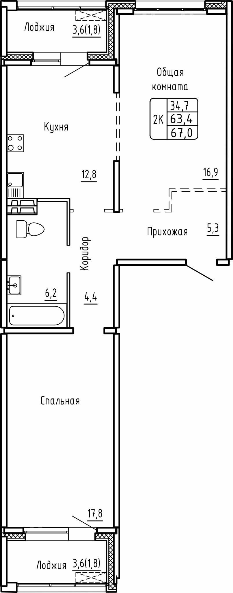 2-комнатная 67 м2 в ЖК Самоцветы корпус null этаж 2