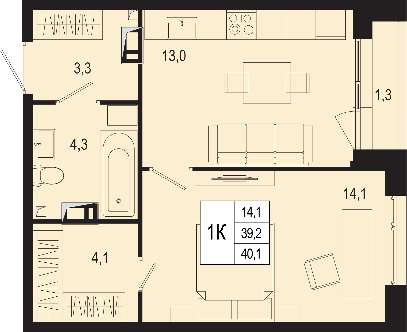 1-комнатная 39 м2 в ЖК Новая Щербинка корпус null этаж 2