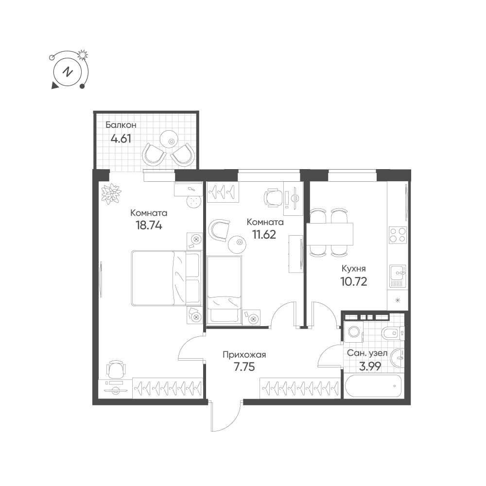 2-комнатная 54 м2 в ЖК Балтым-Парк корпус null этаж 5