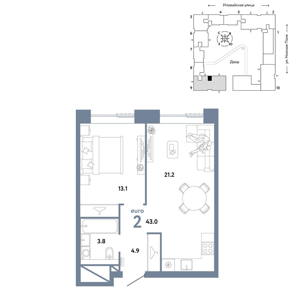 2-комнатная 43 м2 в ЖК Страна.Заречная корпус null этаж 5