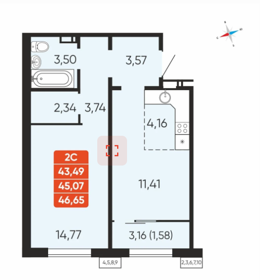 1-комнатная 45.1 м2 в ЖК undefined корпус null этаж 2