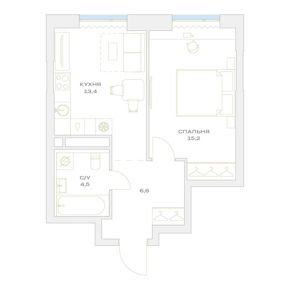 1-комнатная 39 м2 в ЖК Детали корпус null этаж 6