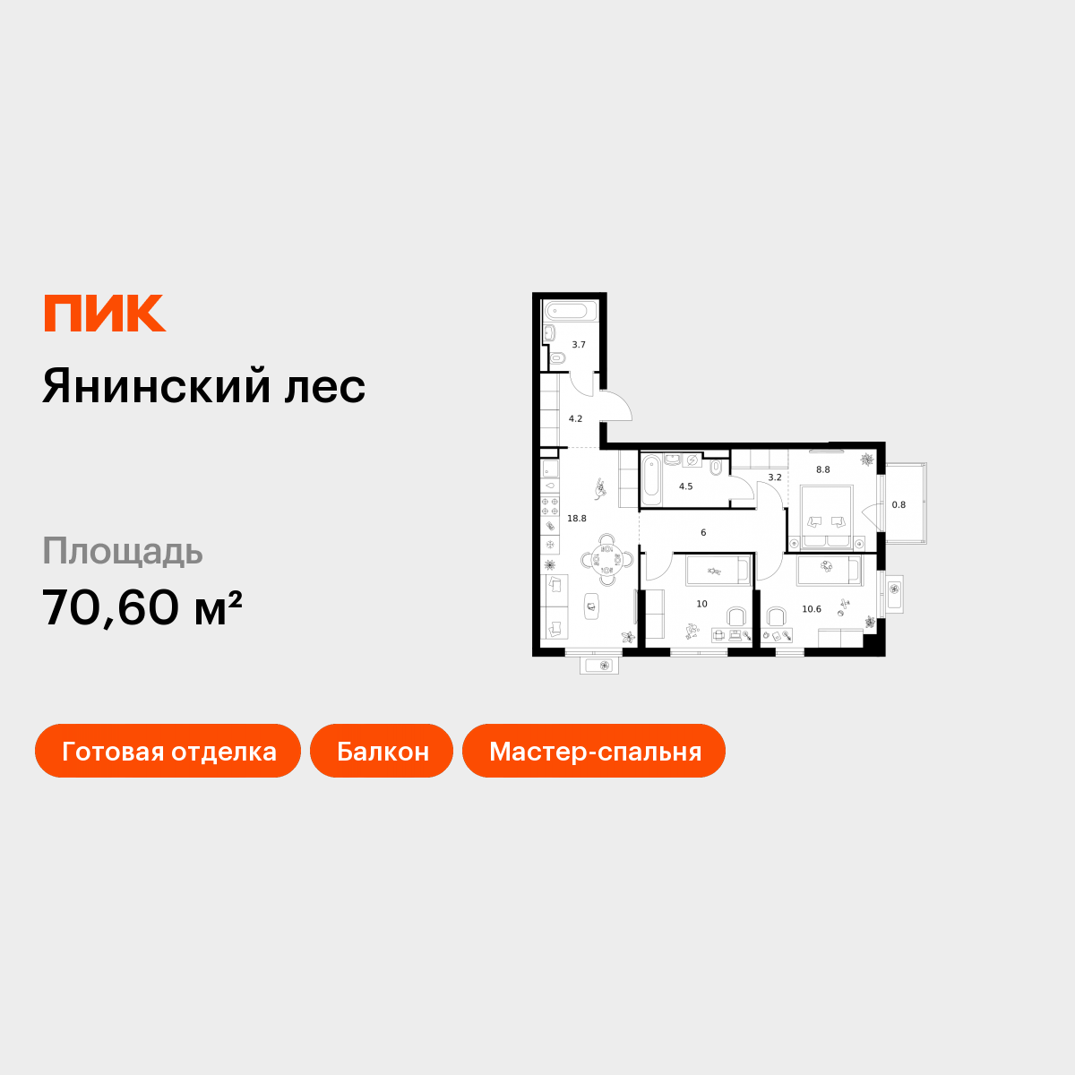 3-комнатная 70 м2 в ЖК Янинский лес корпус null этаж 5