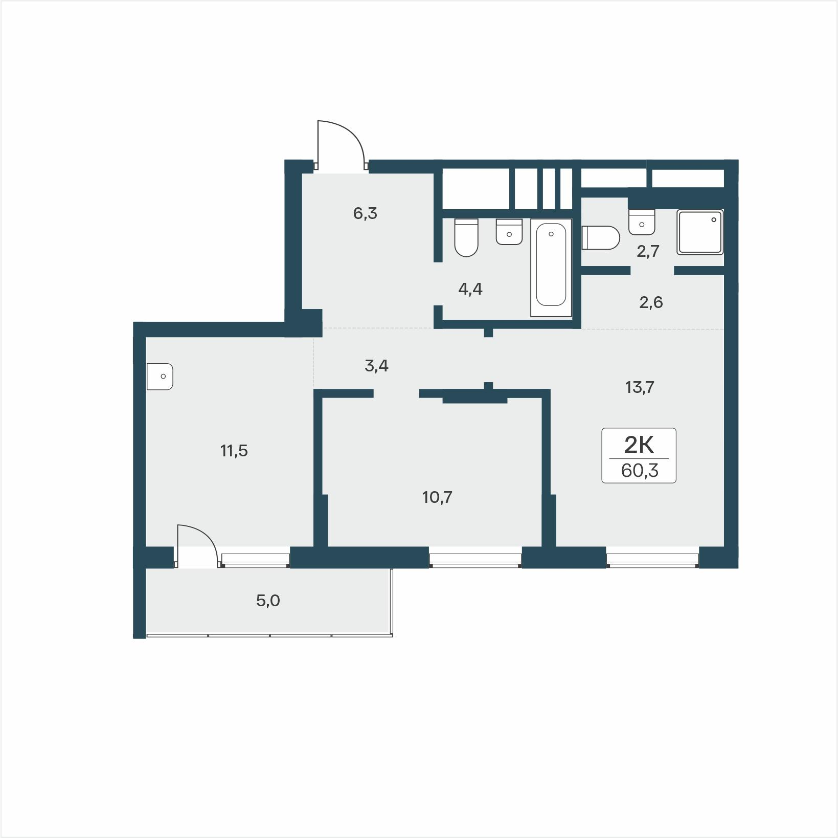 2-комнатная 60 м2 в ЖК Расцветай на Учительской корпус null этаж 5