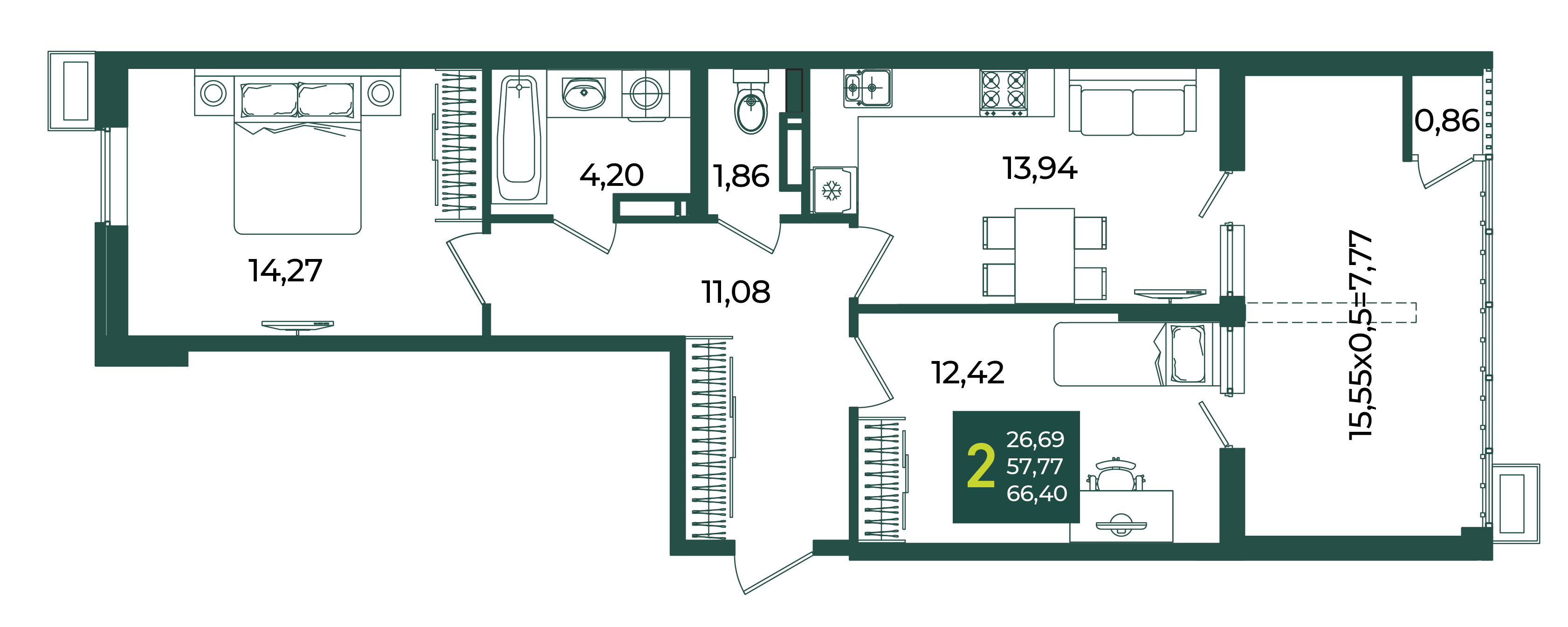 2-комнатная 66 м2 в ЖК Образцово корпус null этаж 9