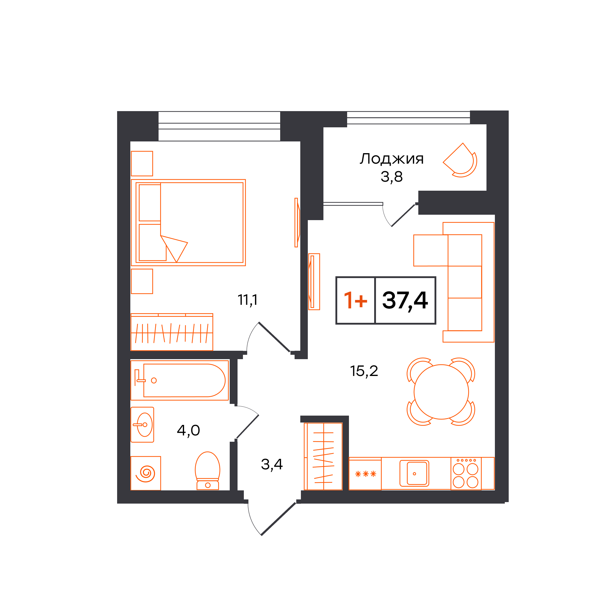 1-комнатная 37 м2 в ЖК УНО. Умный квартал корпус null этаж 15