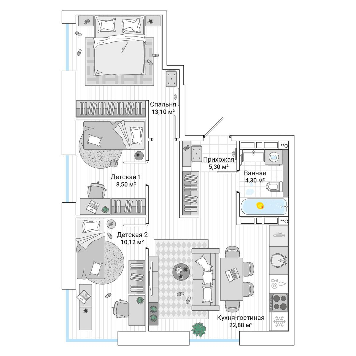 3-комнатная 65 м2 в ЖК GREENWOOD корпус null этаж 14