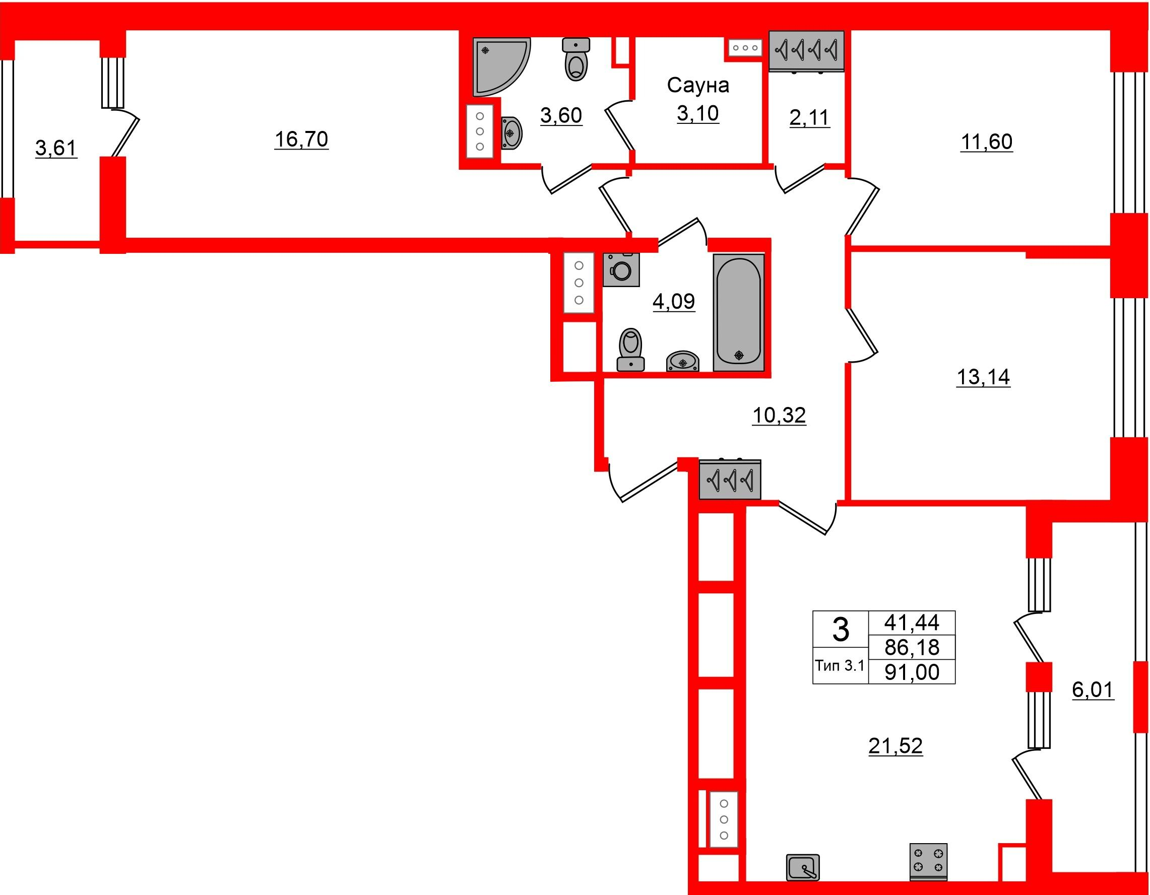 3-комнатная 86 м2 в ЖК Сэтл Ривьера корпус null этаж 10