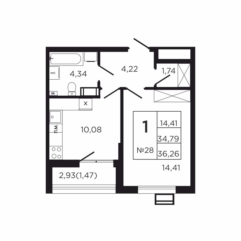 1-комнатная 37 м2 в ЖК Соседи корпус null этаж 3
