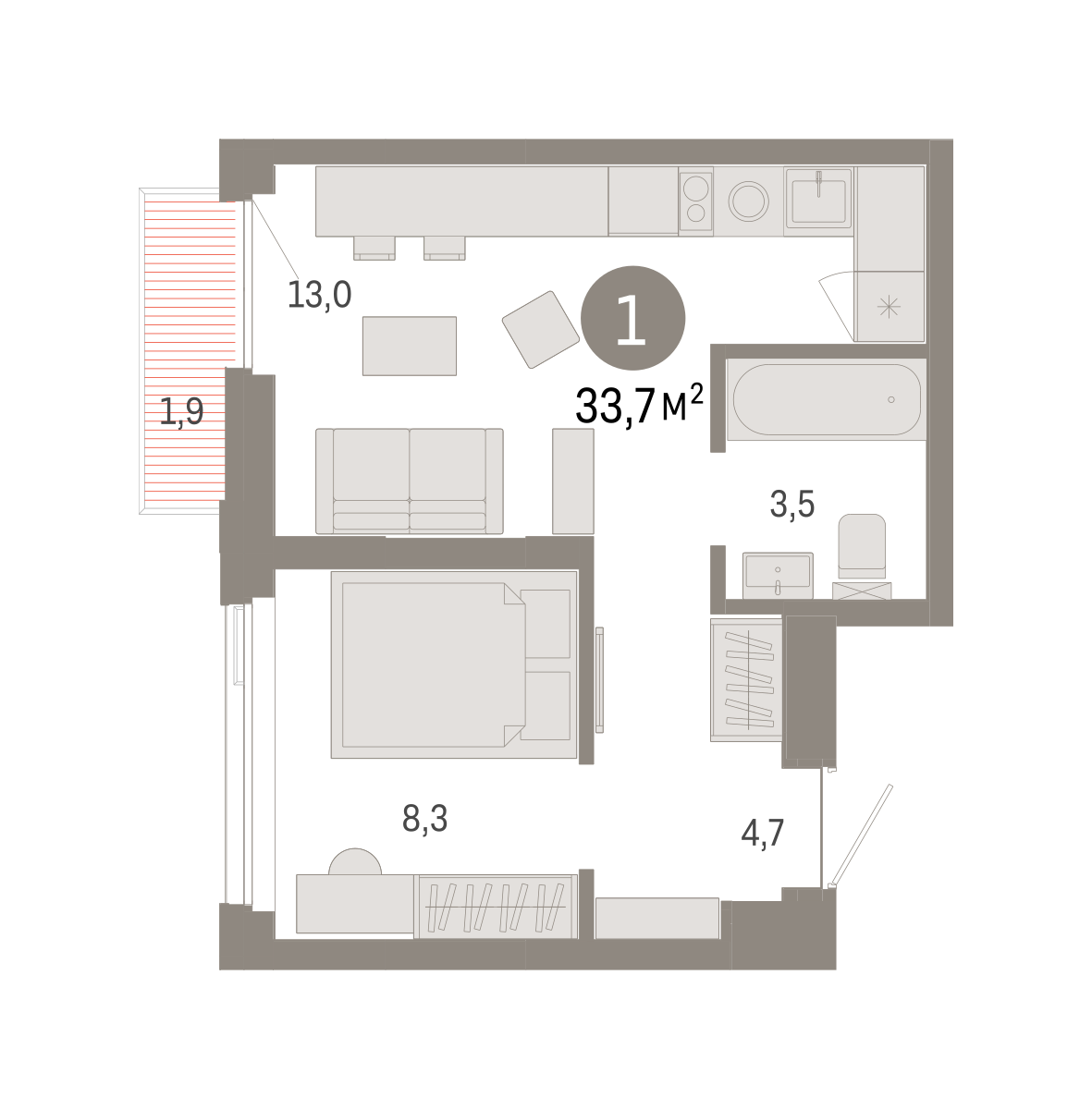 1-комнатная 33 м2 в ЖК Зарека корпус null этаж 18