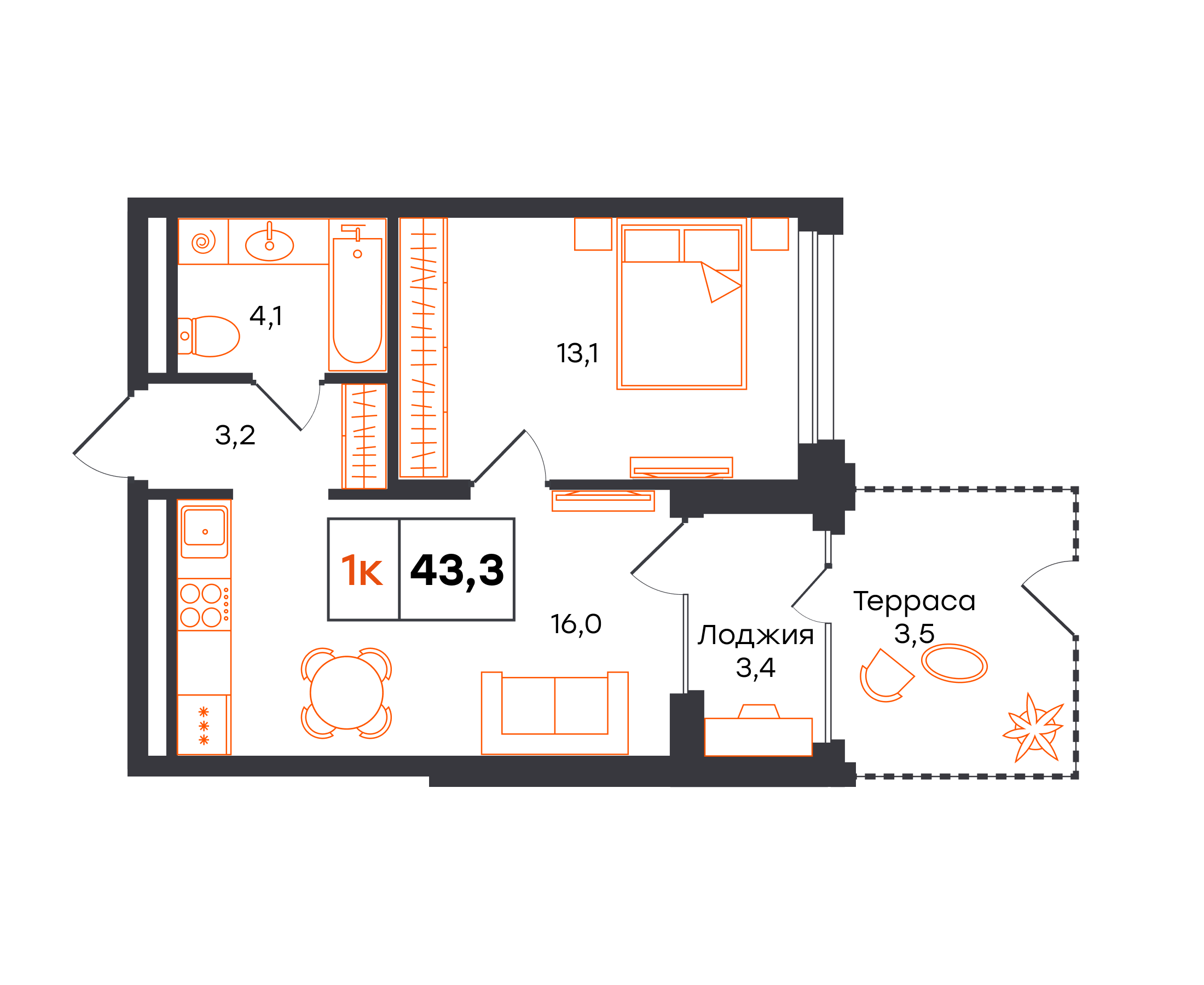 1-комнатная 43 м2 в ЖК Александровский корпус null этаж 1