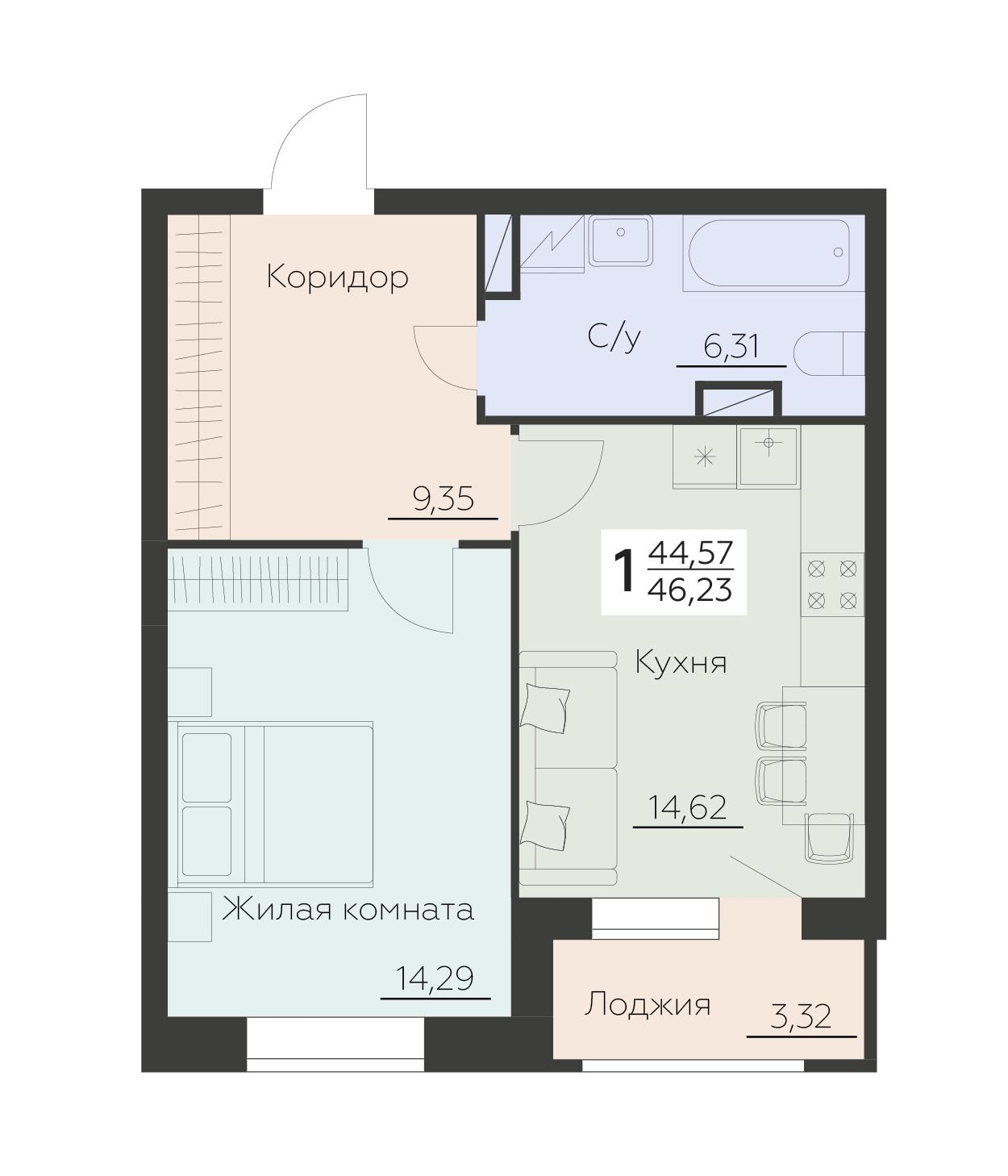 1-комнатная 46 м2 в ЖК Заря корпус null этаж 6